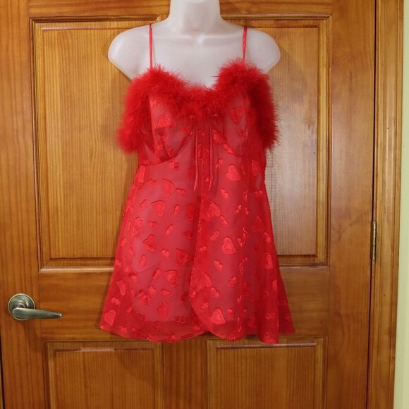 Inner Most Vintage Red Heart Chemise Lingerie Feather Trim Medium - Picture 2 of 13